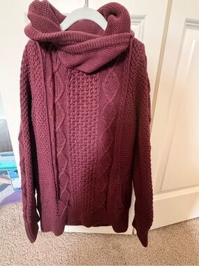 LL Bean Cozy Cable-Knit Funnel Neck Sweater - Wine